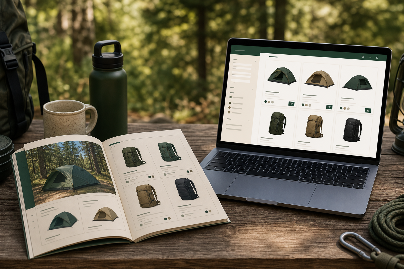 Printed catalog and digital shop on a laptop